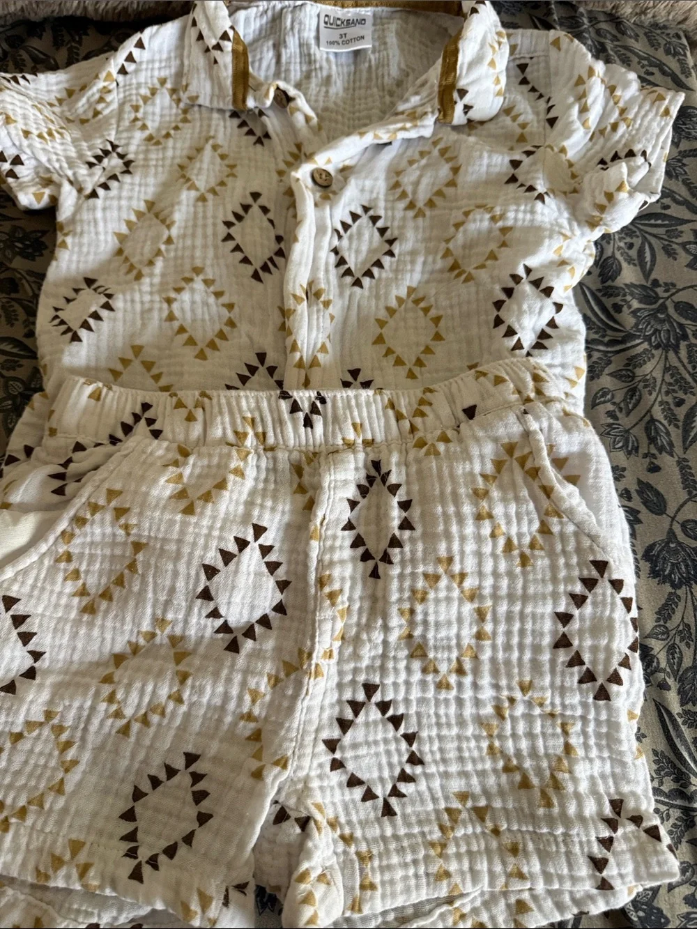 White Gauze Two-Piece Set with Brown & Mustard Diamond Print